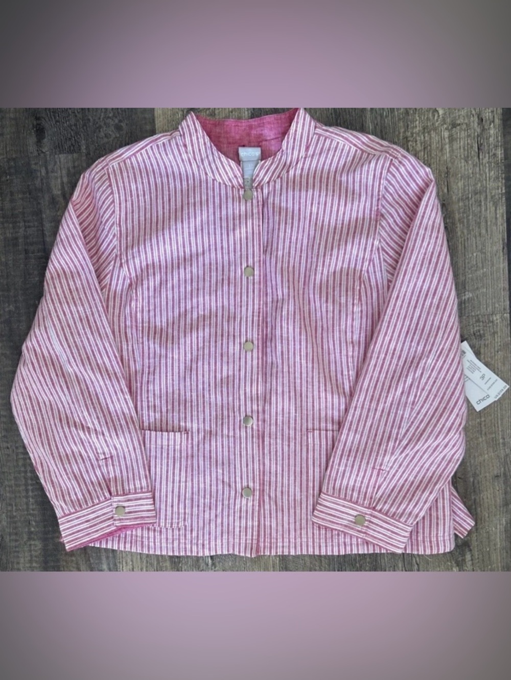 Chico's 3P (16/18)Reversible Linen Haute Pink Railroad Stripe LongSleeve Jacket